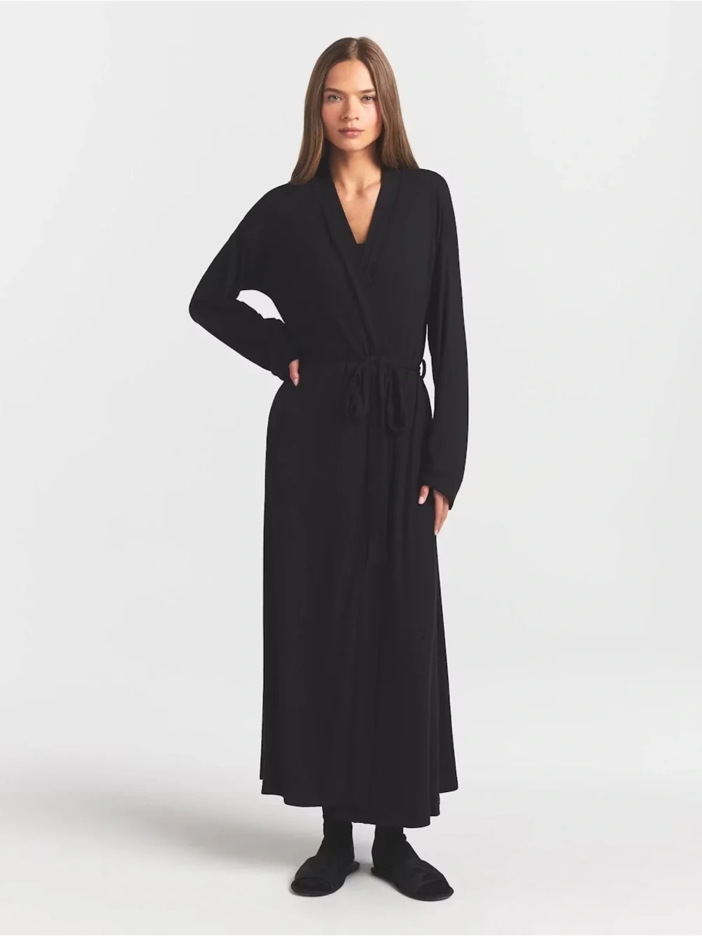 SKIMS Long Open-Front Black Knit Robe